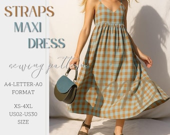 Straps Maxi Dress Sewing Pattern - PDF, Linen Boho Summer Dress with Pockets, Gathered Waist, Size: XS-3XL / A4-A0-LETTER Format