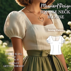 Puede incluir: Un patrón de costura para una blusa de cuello cuadrado con mangas abullonadas. El patrón incluye tallas XS a 4XL y tallas españolas 34 a 52. El patrón está disponible en formato A4, AO y carta US.