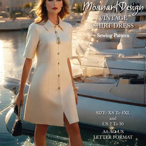 May include: A sewing pattern for a vintage shirt dress. The pattern is available in sizes XS to 4XL and US sizes 2 to 30. The pattern is printed on A4-AQ-US letter format paper.