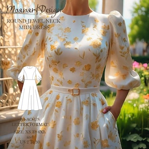 Puede incluir: Un vestido midi blanco con escote redondo de joya y estampado floral. El vestido tiene un corpiño ajustado y una falda completa. El vestido tiene un cinturón en la cintura y mangas 3/4 con un abullonado en el hombro. El vestido está disponible en tallas XS a 4XL y tallas españolas 34 a 52.