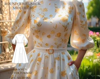 Round neck dress pattern, puff sleeve cottagecore dress, romantic dress, homecoming dress, holiday midi dress pattern, size: US 2 to 30