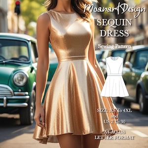 Peut inclure: Patron de couture pour une robe en sequins dorés. Le patron comprend les tailles XS à 4XL et les tailles françaises 34 à 52. Le patron est au format A4, AO et US letter.