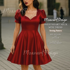 Może przedstawiać: Wzór szycia czerwonej mini sukienki z dekoltem w kształcie serca. Wzór obejmuje rozmiary XS do 4XL i rozmiary polskie 34 do 52. Wzór jest w formacie A4-AO-PL.