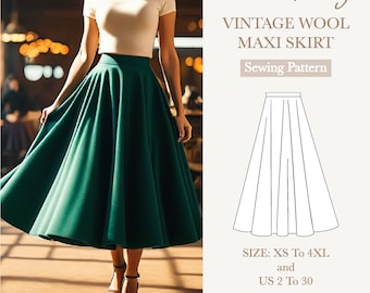 May include: A sewing pattern for a vintage wool maxi skirt by MoanartDesign. The image displays a high-waisted, full-length dark green skirt with a flared silhouette, alongside a technical line drawing of the skirt and text: SIZE: XS To 4XL and US 2 To 30, A4-AO-US LETTER FORMAT.
