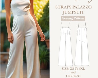 May include: A sewing pattern for a white palazzo jumpsuit with straps. The pattern includes instructions for sizes XS to 4XL and US sizes 2 to 30. The pattern is in A4-AO-US letter format.