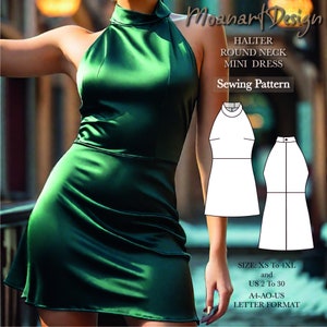 Vestido curto com decote redondo e alças, padrão de vestido de chá de panela com decote em alças, padrão de minivestido em pdf, Tamanho: A0 A4 Carta EUA-EUA