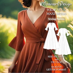 Può includere: Un abito lungo a portafoglio color ruggine con scollo a V e maniche svasate. L'abito presenta un fiocco in vita ed è mostrato con un diagramma del modello di cucito. Il testo sull'immagine recita "Moanart Design, Wrap Neck Maxi Dress, Sewing Pattern, Taglia: XS a 4XL e US 2 a 30, A4-AO-US Letter Format."