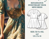 Renaissance dress, puff Sleeve Pattern, sweetheart Neck PDF Pattern, full circle mini dress, A0 A4 US Letter Format, size: US 2 to 30