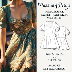 May include: A printable sewing pattern for a Renaissance-style mini dress with a sweetheart neckline. The pattern includes instructions for sizes XS to 4XL and UK sizes 2 to 30. The pattern is in A4-AO-UK letter format.