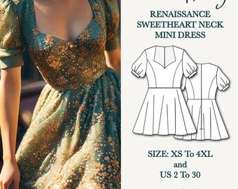 Renaissance dress, puff Sleeve Pattern, sweetheart Neck PDF Pattern, full circle mini dress, A0 A4 US Letter Format, size: US 2 to 30