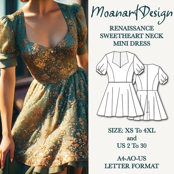 Renaissance dress/Puff Sleeve Pattern/Sweetheart Neck PDF Pattern/Full circle Mini Dress/A0 A4 US Letter Format- Size: US 2 to 30