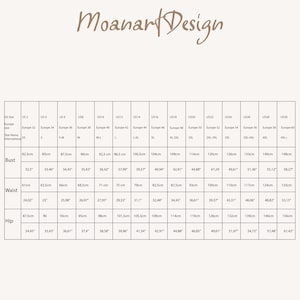 May include: Size chart for clothing with measurements in inches and centimeters. The chart shows US sizes 2 through 30, corresponding European sizes, and bust, waist, and hip measurements.