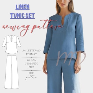 Può includere: Un cartamodello per un completo tunica in lino blu, composto da una tunica con maniche a tre quarti e scollo a intaglio, abbinata a pantaloni a gamba larga. L'immagine include disegni tecnici e il testo LINEN TUNIC SET sewing pattern, A4-LETTER-A0 FORMAT, XS-4XL, US02-US30 SIZE e PDF pattern.