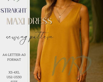 Straight Maxi Dress Sewing Pattern, V Neck Cottagecore Dress, Linen Summer Drees Pattern, Plus Size Womens Clothing PDF, Size: US 02 - US 30