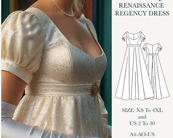 Robe fantaisie victorienne Renaissance/Robe Régence/Robe taille empire/Motif robe de fée/Format lettre US A0 A4 - Taille : 2 à 30 États-Unis