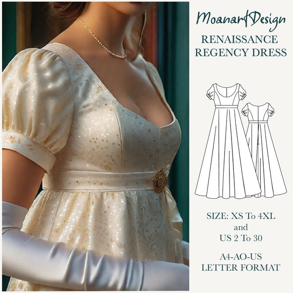 Viktorianisches Renaissance-Fantasy-Kleid-Muster / Regency-Kleid / Empire-Taillenkleid / Feenkleid-Muster / A0 A4 US Letter Format - Größe: US 2 bis 30