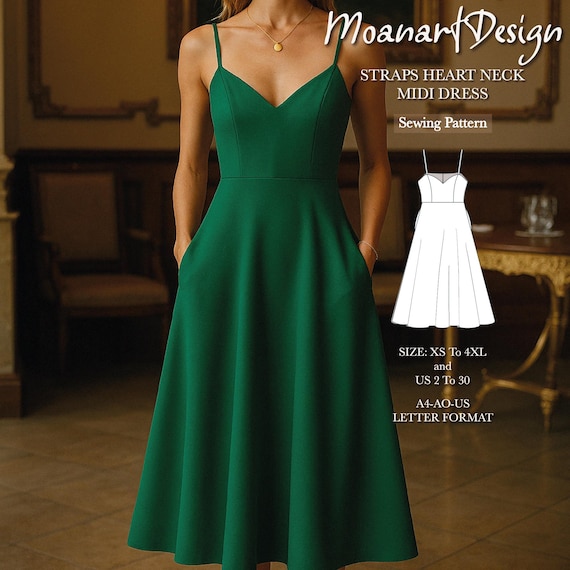 Sweetheart neck midi dress sewing pattern, straps full circle bridal shower dress pattern, evening gown sewing pattern PDF, Size: US 2 to 30
