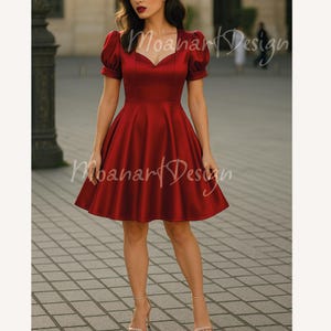 May include: A short, red, satin dress with a sweetheart neckline and short puff sleeves. The dress has a fitted bodice and a full skirt.