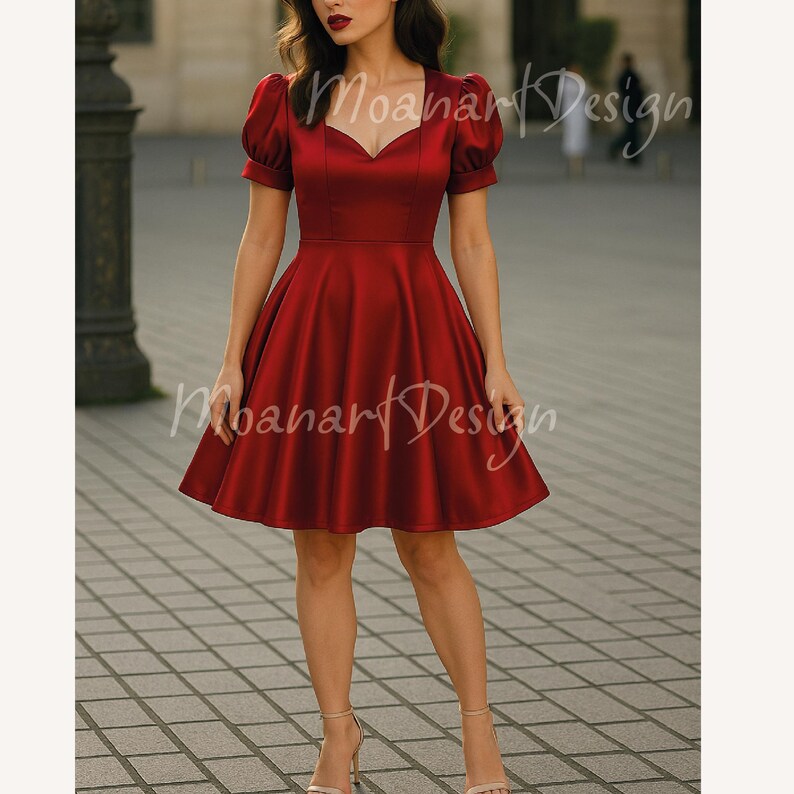 May include: A short, red, satin dress with a sweetheart neckline and short puff sleeves. The dress has a fitted bodice and a full skirt.