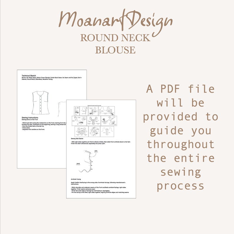 May include: A black and white illustration of a sleeveless blouse with a round neckline. The illustration is accompanied by sewing instructions and a text overlay that reads "Moanart Design Round Neck Blouse A PDF file will be provided to guide you throughout the entire sewing process".