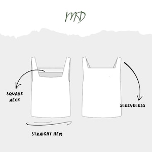 K&ouml;nnte beinhalten: Strichzeichnung eines &auml;rmellosen Oberteils mit quadratischem Ausschnitt und geradem Saum. Das Bild enth&auml;lt den Text "SQUARE NECK", "SLEEVELESS" und "STRAIGHT HEM". Das Oberteil ist wei&szlig; und der Hintergrund hellgrau.