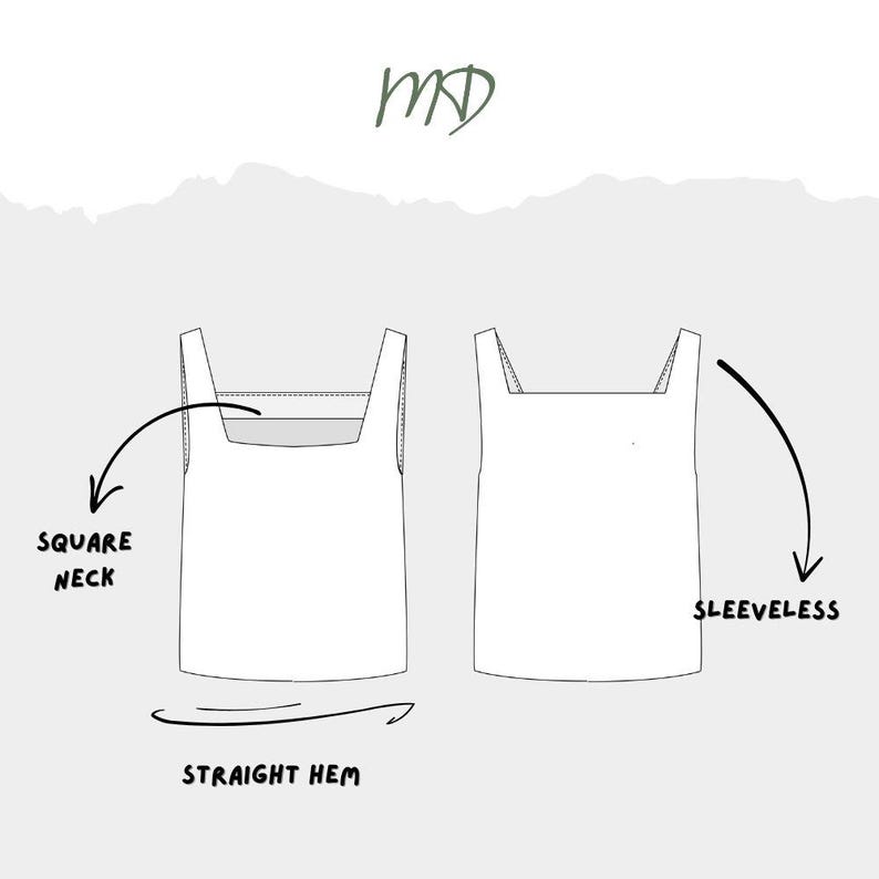 K&ouml;nnte beinhalten: Strichzeichnung eines &auml;rmellosen Oberteils mit quadratischem Ausschnitt und geradem Saum. Das Bild enth&auml;lt den Text "SQUARE NECK", "SLEEVELESS" und "STRAIGHT HEM". Das Oberteil ist wei&szlig; und der Hintergrund hellgrau.