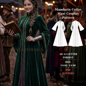 May include: A digital sewing pattern for a floor-length dress with a mandarin collar and flared sleeves. The image displays the text Mandarin Collar Maxi Cosplay Pattern, A0-A4-LETTER FORMAT, SIZE: US 02 - US 30, and PDF PATTERN alongside a line drawing.