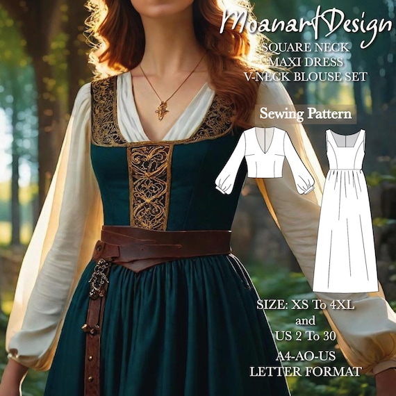 Medieval Maxi Dress Sewing Pattern, Renaissance Faire Style Dress Pattern, Long Gown PDF, A0 A4 Letter Format, Sizes US 02–30
