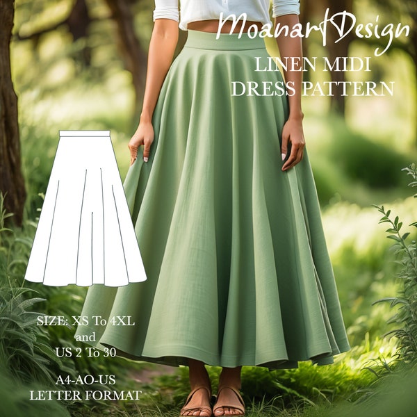 Full circle midi skirt PDF pattern, linen midi skirt sewing pattern, Size:A0 A4 US Letter-US 2 to 30