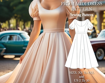 May include: A sewing pattern for a prom midi dress with puff sleeves. The pattern is available in sizes XS to 4XL and US sizes 2 to 30. The pattern is in A4-AO-US letter format.