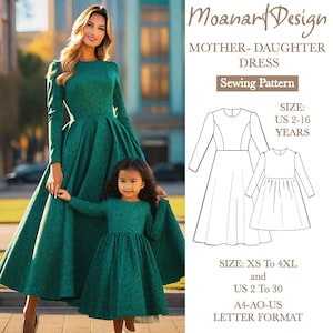 Patrón de vestido madre-hija, patrón de costura para niña, vestido midi de cuello redondo, patrón de vestido para mujer, tallas A4-A0-CARTA, 2-16 años
