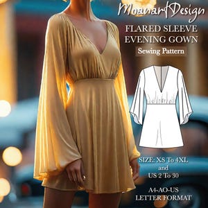 Patrón de costura de vestido de noche, patrón de minivestido con mangas acampanadas, vestido de invitada de boda, tamaño; EE. UU. 2 a 30 / A0- A4- Formato Carta de EE. UU.