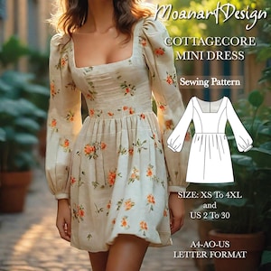 Peut inclure: Patron de couture pour une mini robe cottagecore à manches bouffantes. Le patron est disponible en tailles XS à 4XL et en tailles françaises 34 à 48. Le patron est au format A4-AO-US.