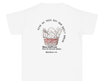 Camiseta cristã juvenil "Pão Diário": Estampa de Cesta de Pães