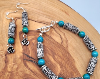 Juego de pulsera y aretes Cuentas de papel Cierre de palanca reciclado Boho Clásico Azul Negro