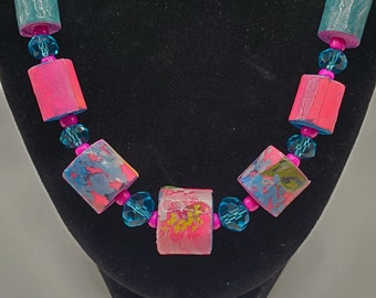 Necklace & Earrings Set Pink Blue Pattern Paper Beads Upcycled Silver Toggle Clasp Boho Floral