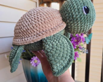 Large Crochet Turtle Plushie - Soft handmade green turtle stuffed animal
