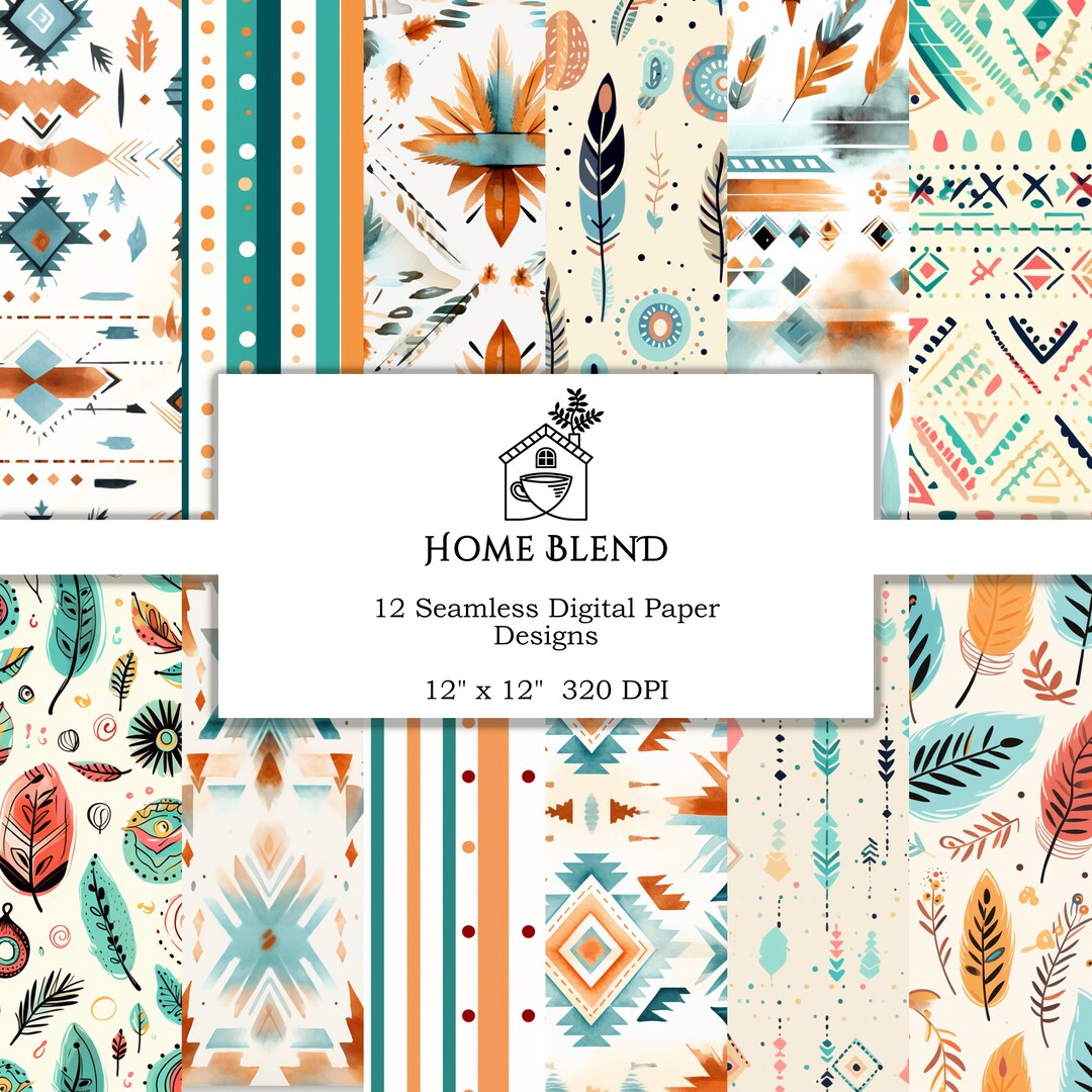 Boho Orange and Blue Watercolor Digital Paper, Seamless Patterns ...