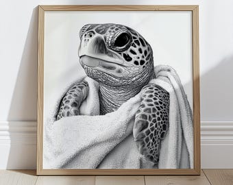 Plakat z żółwiem morskim Niepowtarzalny wystrój ścienny Prezent dla miłośnika zwierząt Oryginalny akcent domowy Zabawna sztuka łazienkowa Pomysł na prezent świąteczny Niezwykły biały słoń
