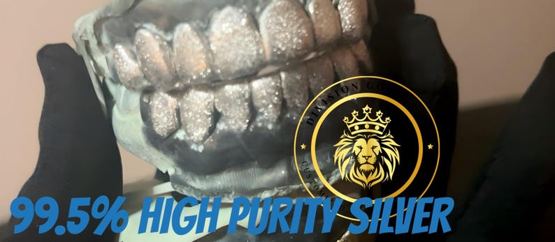 May include: Silver grillz with a glittery finish. The text "99.5% HIGH PURITY SILVER" is displayed in blue. A gold emblem with a lion's head and crown is also visible.