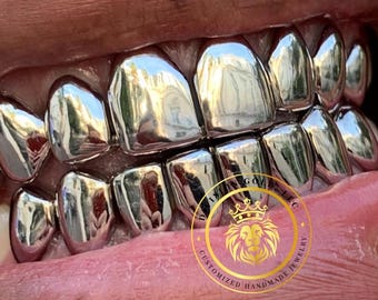 Grillz dorado de corte permanente, hecho a mano, de plata 965 de alta pureza