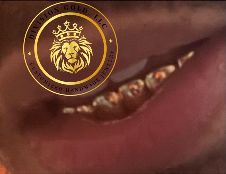 May include: A gold circular logo with a lion's head and crown, surrounded by the words "DIVISION GOLD, LLC" and "CUSTOMIZED HANDMADE JEWELRY". The background is a blurred, reddish-brown color.