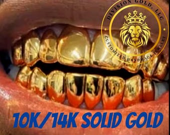 Real 10k/14k SOLID Gold Grillz Perm Cut Division Gold grillz Custom Teeth Caps