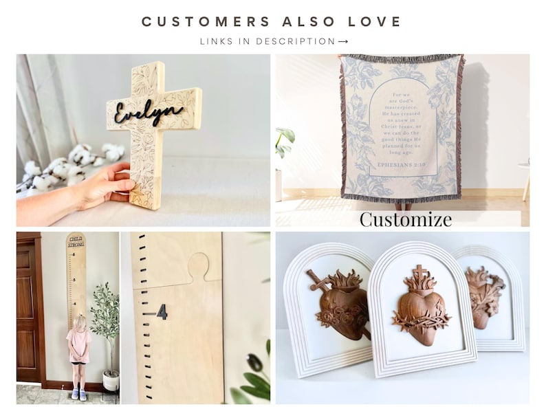 K&ouml;nnte beinhalten: Eine Sammlung von Wohnaccessoires, darunter ein Holzkreuz mit dem Namen "Evelyn", eine gewebte Decke mit floralem Design und Text, eine Holz-Wachstumstabelle und gerahmte herzf&ouml;rmige Wandkunst.