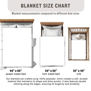 May include: A chart showing the different sizes of blankets for queen, twin, and crib sized beds. The chart shows the dimensions of each blanket in inches. The text reads "Blanket Size Chart" and "Blanket measurements compared to different bed sizes".
