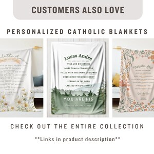 May include: Three personalized Catholic blankets with floral and forest designs. Each blanket features a name, a religious quote, and a date. The blankets are white with green, brown, and pink floral patterns.