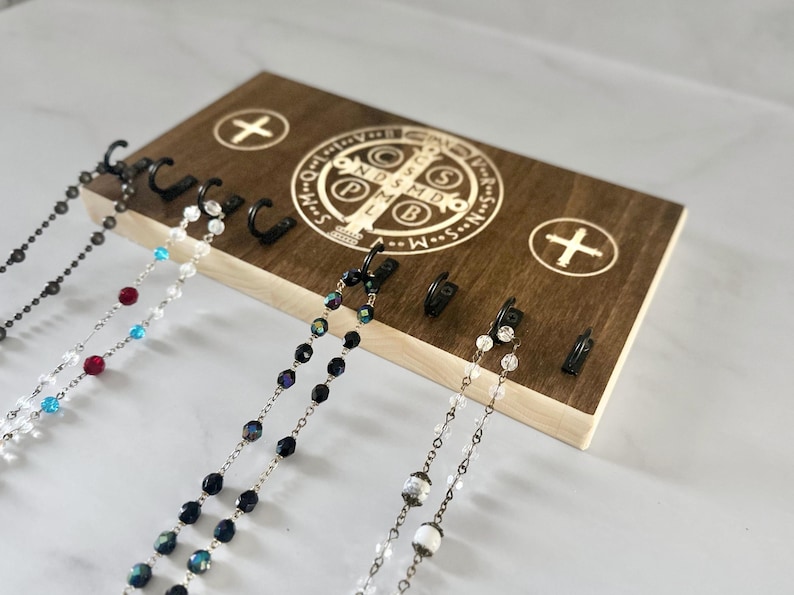 St Benedict medal Rosary Hanger wall mount rosary holder Catholic Gift husband anniversary gift Benedictine medal home decor godfather gift