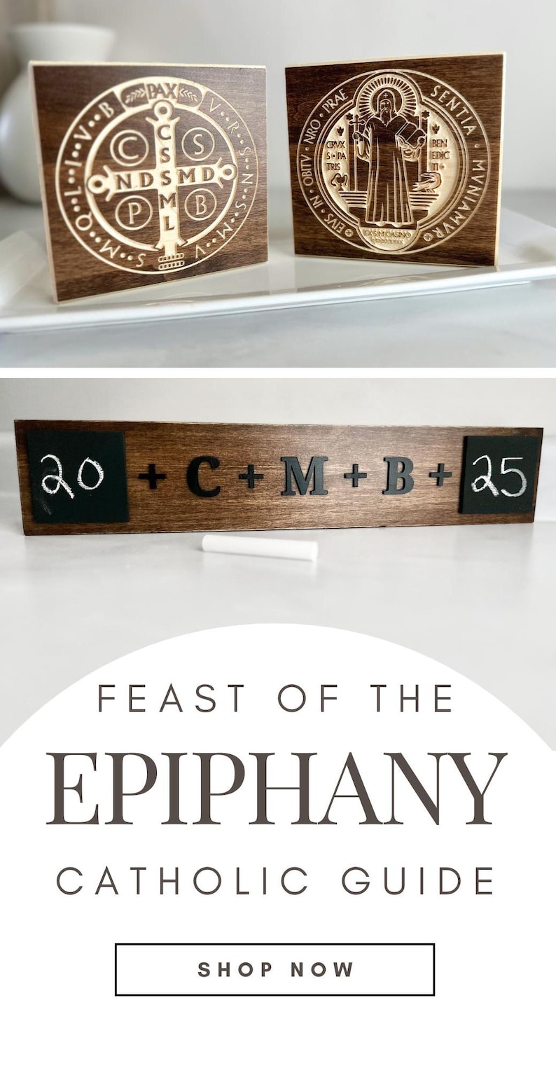 May include: A wooden sign with a chalkboard insert that reads "20 + C + M + B + 25". The sign is decorated with a brown stain and has a piece of white chalk next to it. The sign is advertising a guide for the Feast of the Epiphany.
