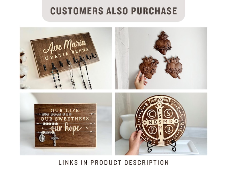 May include: A collage of four images showcasing wooden wall decor with religious themes. The top left image features a wooden sign with the text "Ave Maria Gratia Plena" and hooks for hanging rosaries. The top right image shows three wooden heart-shaped wall hangings. The bottom left image features a wooden sign with the text "Our Life Our Sweetness Our Hope" and hooks for hanging rosaries. The bottom right image shows a wooden round wall hanging with a cross and the text "Pax VRS NDSMDB" in a circle.