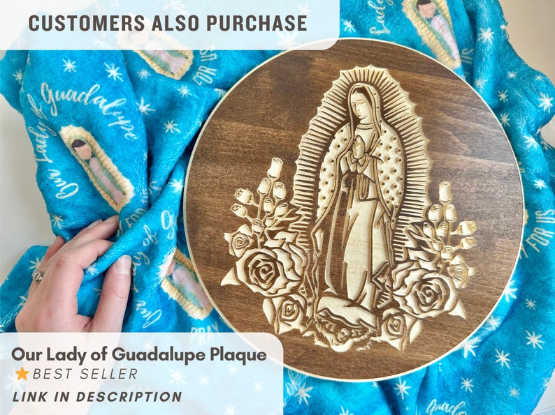 May include: A wooden plaque with a laser-engraved image of Our Lady of Guadalupe. The image is surrounded by roses and the plaque has a brown wood finish.